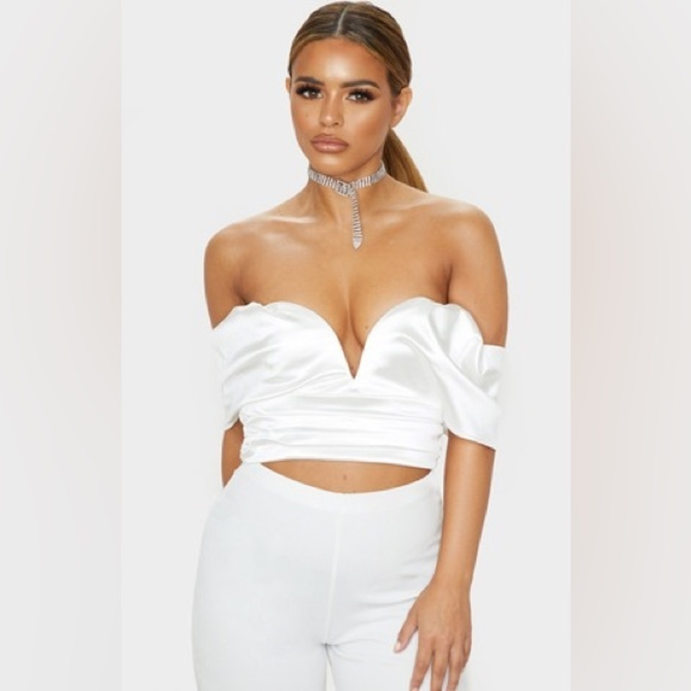 NWT Petite Cream Satin Tie Back Plunge Bridal White Crop Top‎ Size 6